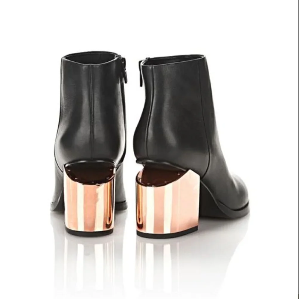 ✅ Alexander Wang Ankle Bootie Gabi Metallic Rose Gold Cutout Heel Black Leather